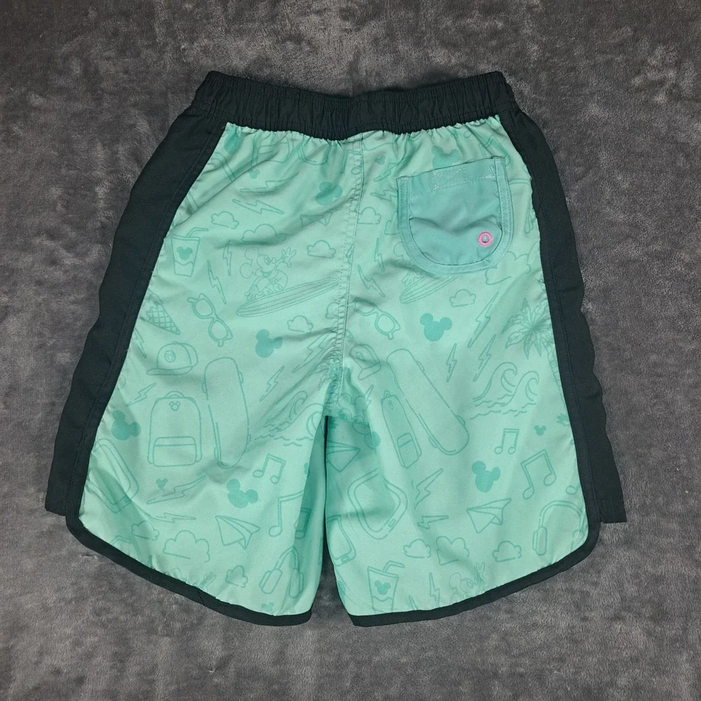 Disney Mickey Mouse Mint Green Doodle‎ Print Swim Trunks Kids Size 9/10 Beach